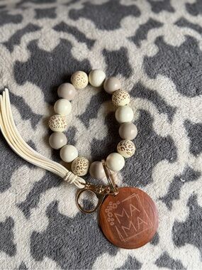 MA+MA Beaded Tassel Keyring Bracelet - Cream & Taupe Leopard Accents